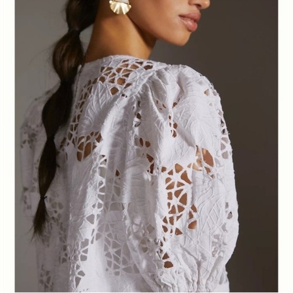 Anthropologie The Odells Juliette Lace White Crewneck Waistless Mini Dress Puff - Picture 3 of 5